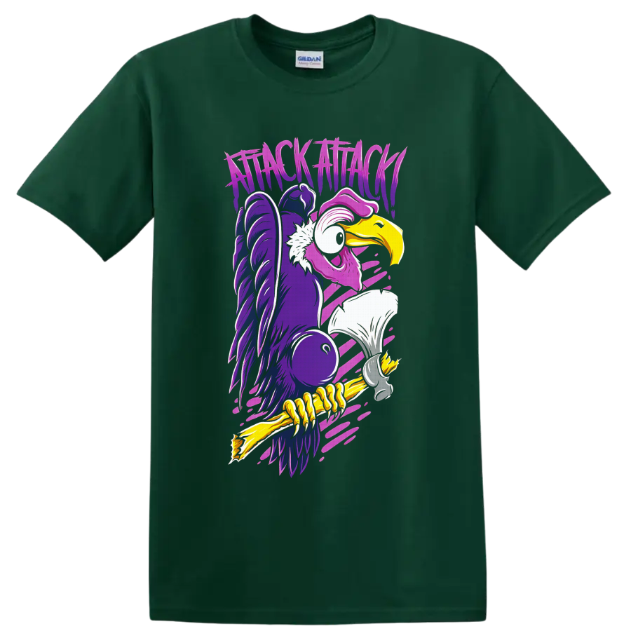 Attack Attack neon cartoon vulture with jagged lettering and pink motion streaks on a Forest Green T Shirt