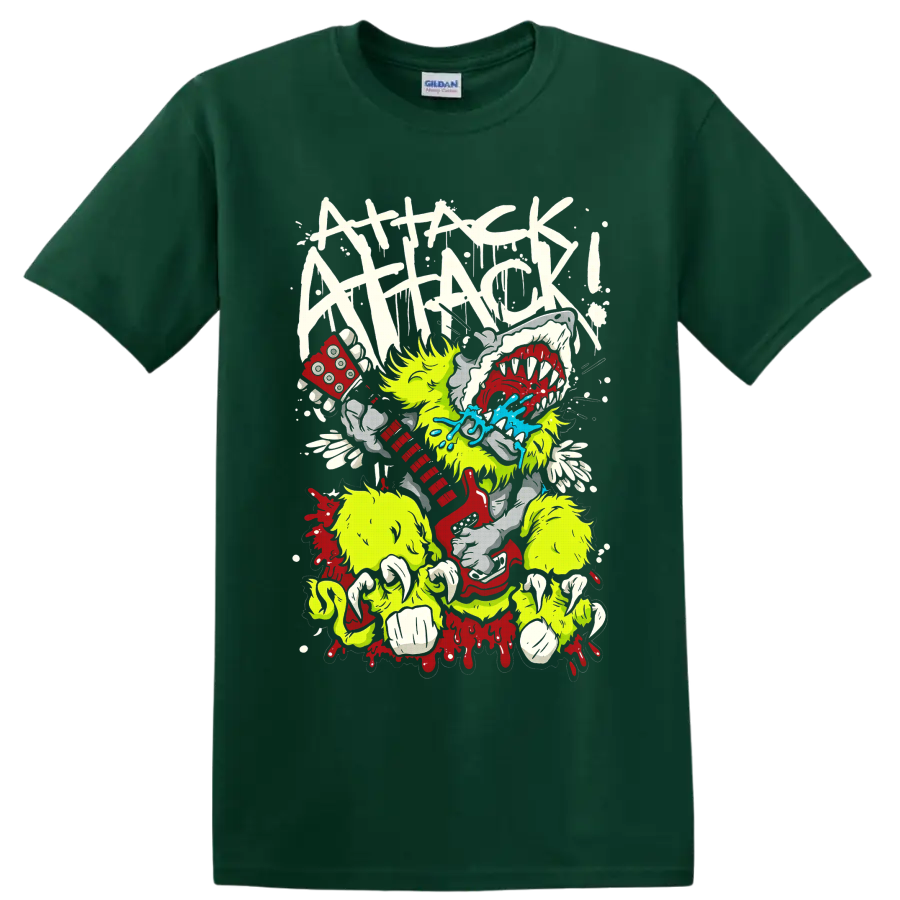 Attack Attack! neon monster holding red dice with teeth, blue splash, and paint drips on a Forest Green T Shirt