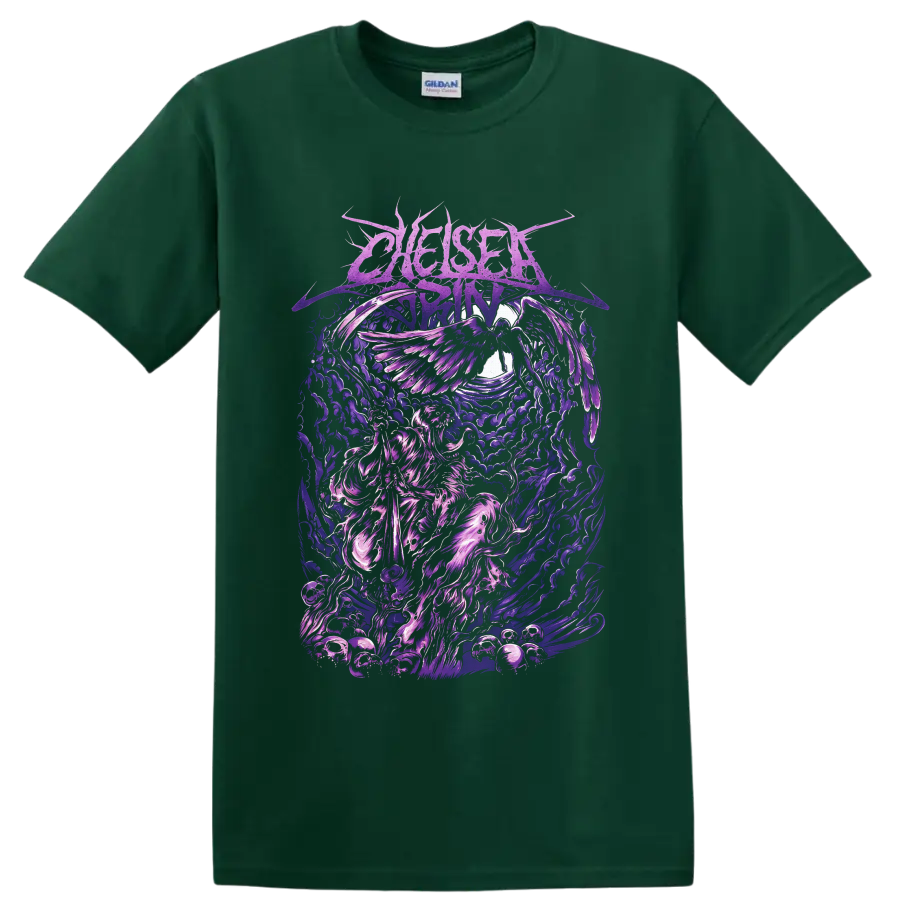Chelsea Grin gothic winged angel with ornate purple clouds and flame-like artwork on a Forest Green T Shirt
