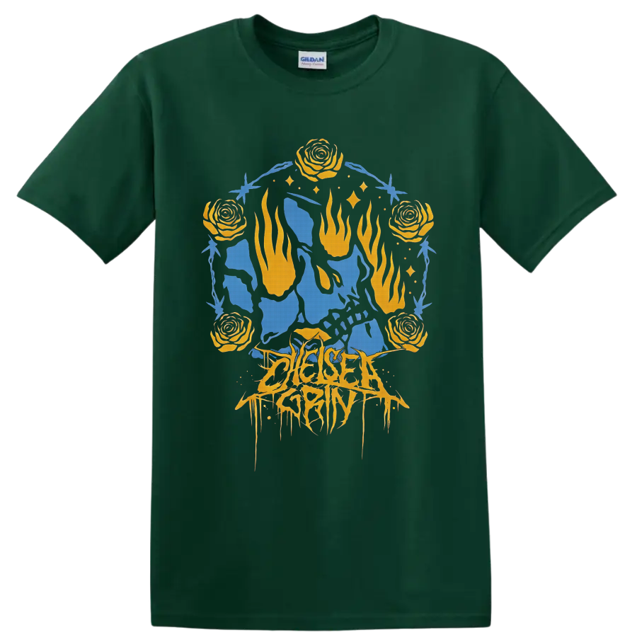 Chelsea Grin gothic graphic with orange roses, flames, blue figures, and thorny frame on a Forest Green T Shirt