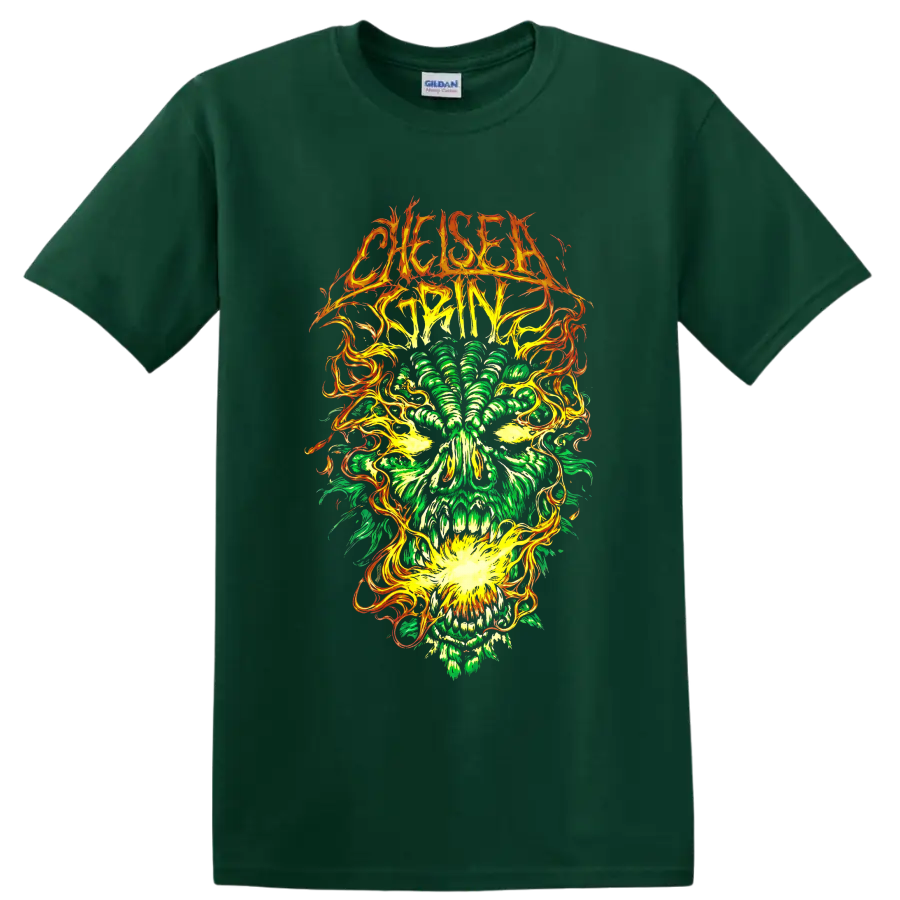 Chelsea Grin thorned logo above neon green skull with swirling orange flame artwork on a Forest Green T Shirt