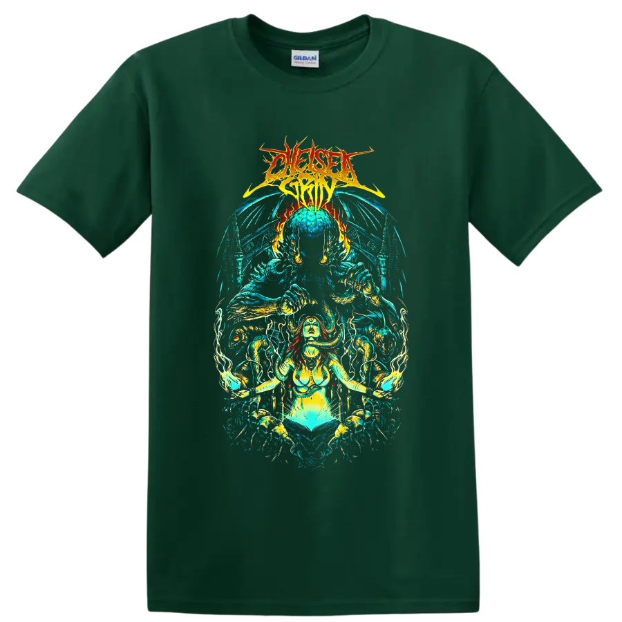 Chelsea Grin logo above psychedelic demon goddess, skeletal forms, flames, and waves on a Forest Green T Shirt