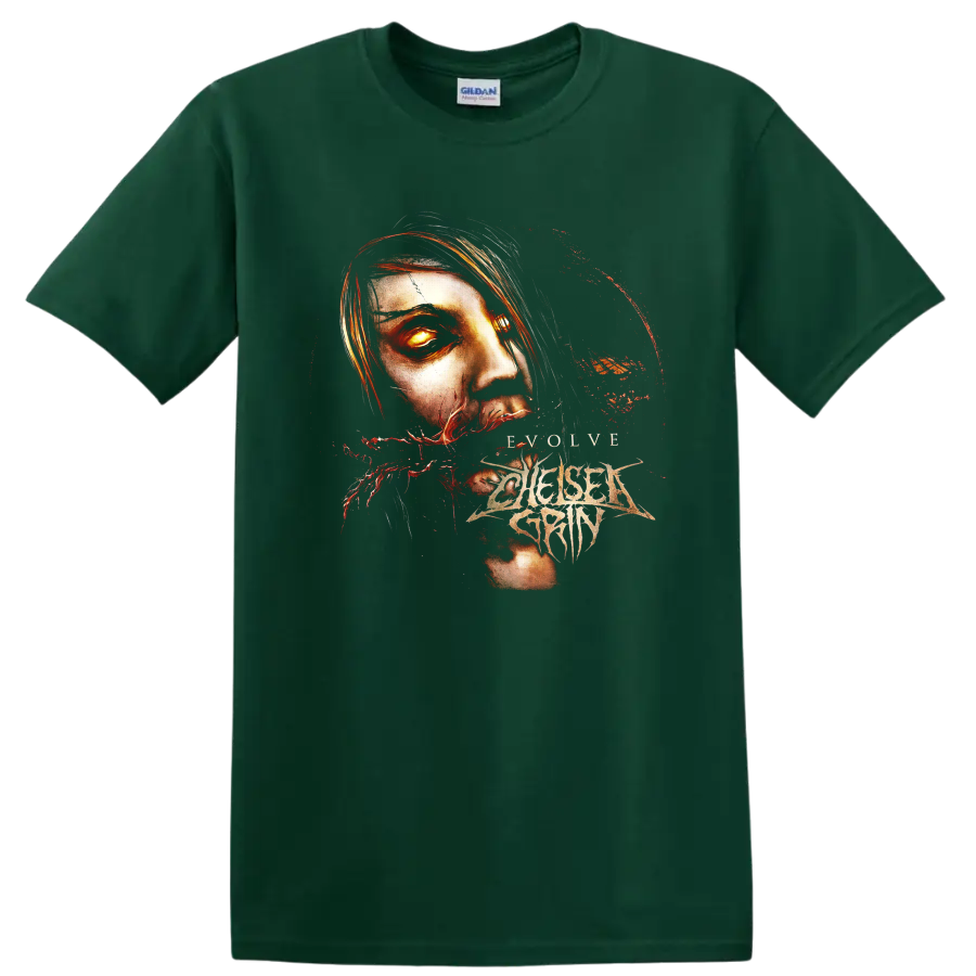 Chelsea Grin Evolve gothic face artwork with glowing eye, red splatters, and sharp logo on a Forest Green T Shirt