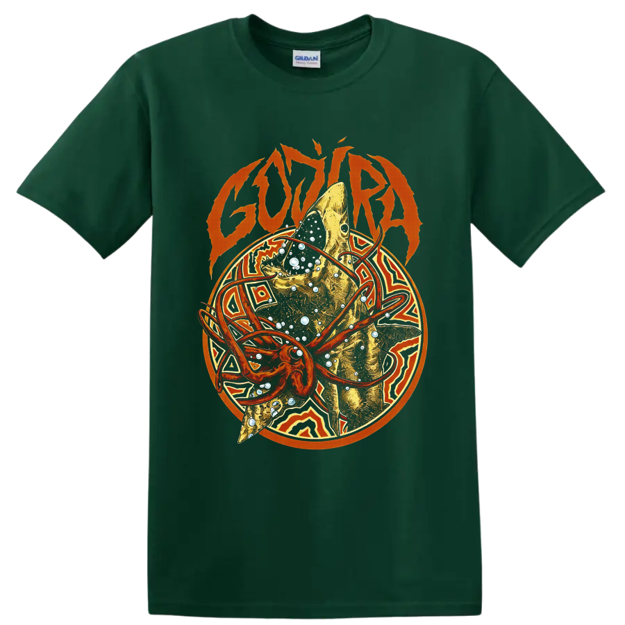 Gojira logo above a golden fish with orange orbital rings, bubbles, and geometric art on a Forest Green T Shirt