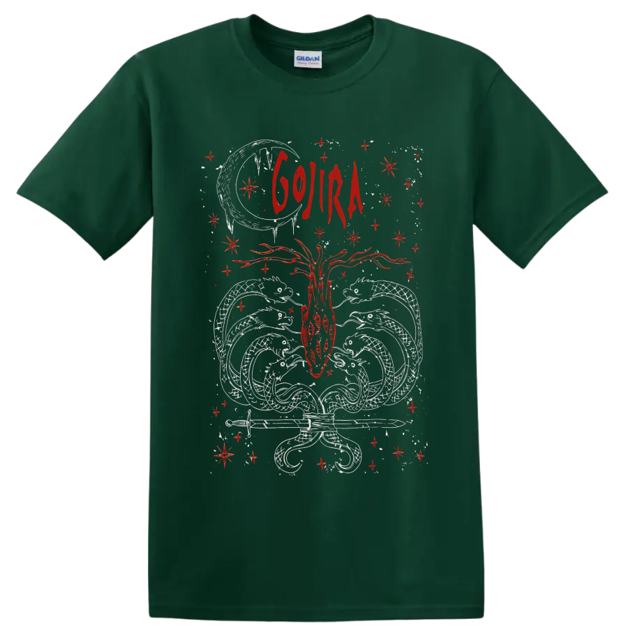 Gojira sacred heart with moon, wings, stars, and red gothic celestial linework on a Forest Green T Shirt