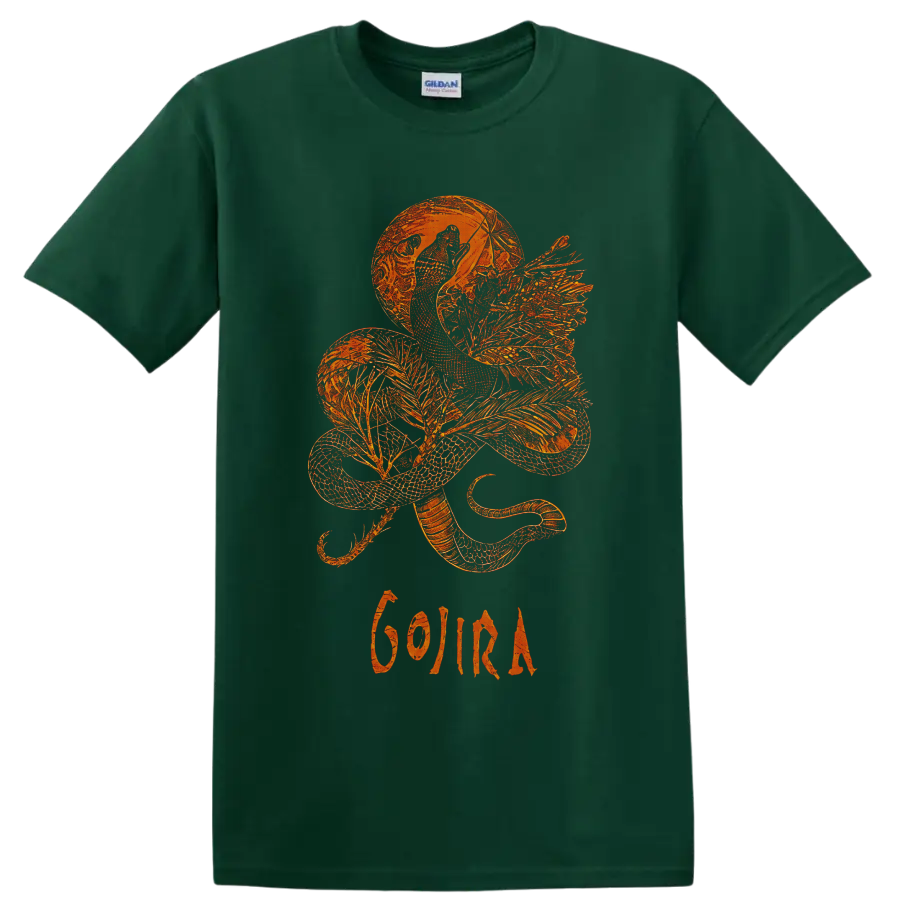 Orange winged dragon beneath a moon with Gojira lettering in intricate fantasy line art on a Forest Green T Shirt