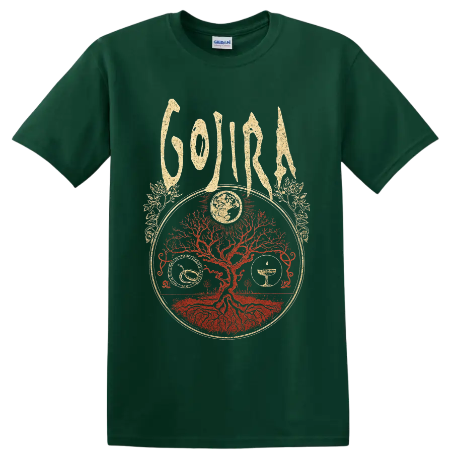 Gojira Tree of Life design with red rooted tree, globe, symbols, and distressed lettering on a Forest Green T Shirt