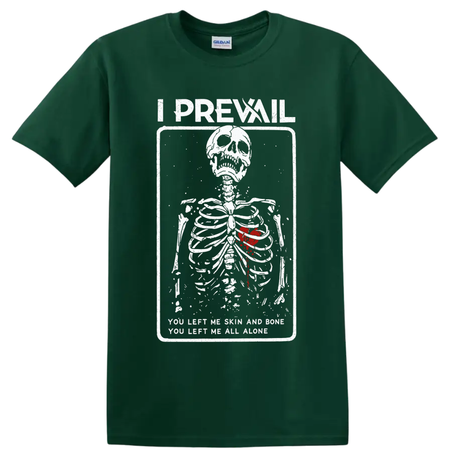 I Prevail skeleton with red heart and distressed Alone lyric graphic on a Forest Green T Shirt