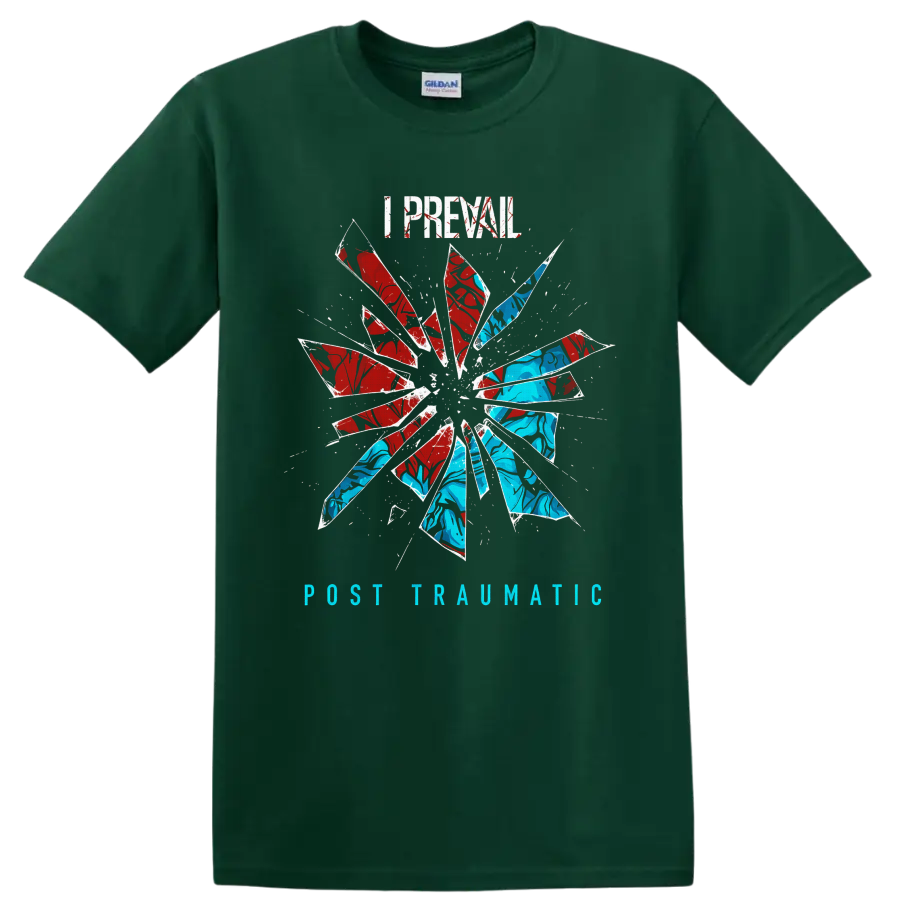 I Prevail Post Traumatic distressed text with red and blue shattered-glass burst on a Forest Green T Shirt