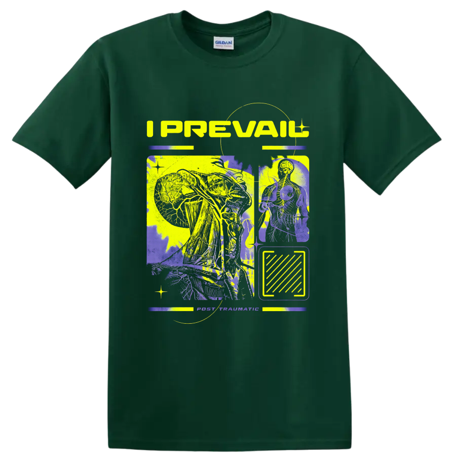 I Prevail Post Traumatic neon anatomy collage with skeletal figures and abstract panels on a Forest Green T Shirt
