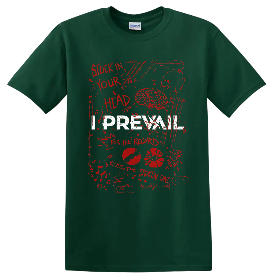 I Prevail inspired distressed brain, vinyl records, music notes, and red collage on a Forest Green T Shirt
