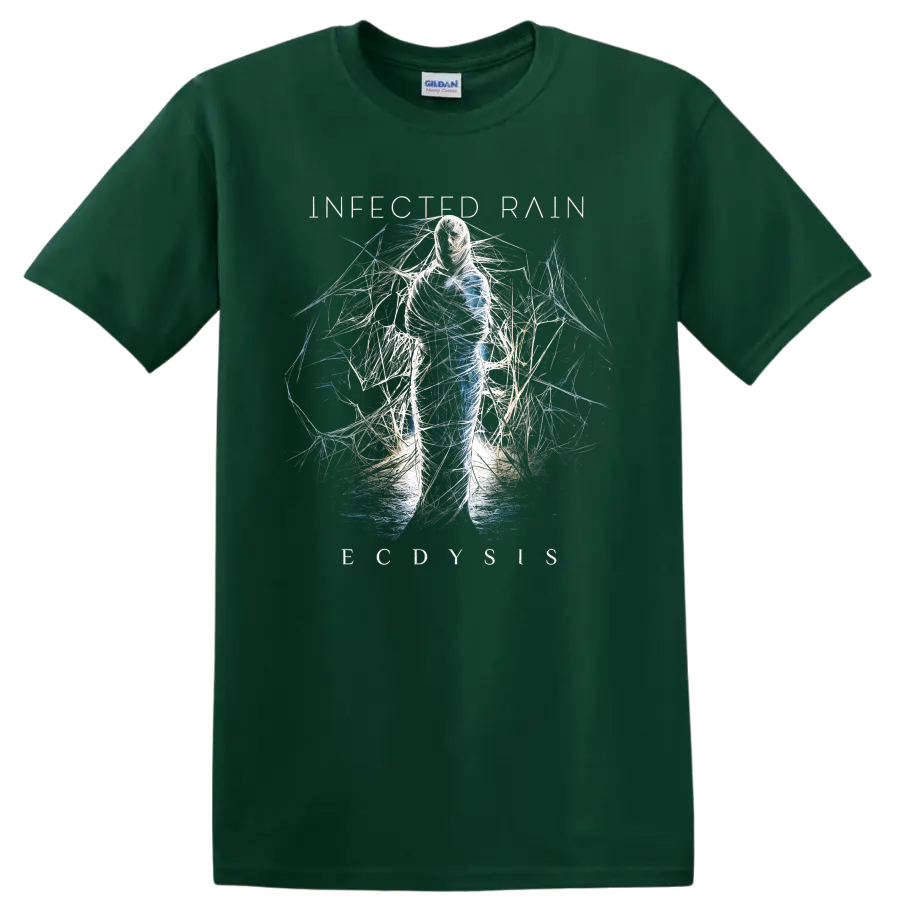 Infected Rain Ecdysis abstract figure wrapped in white and blue thread-like lines on a Forest Green T Shirt