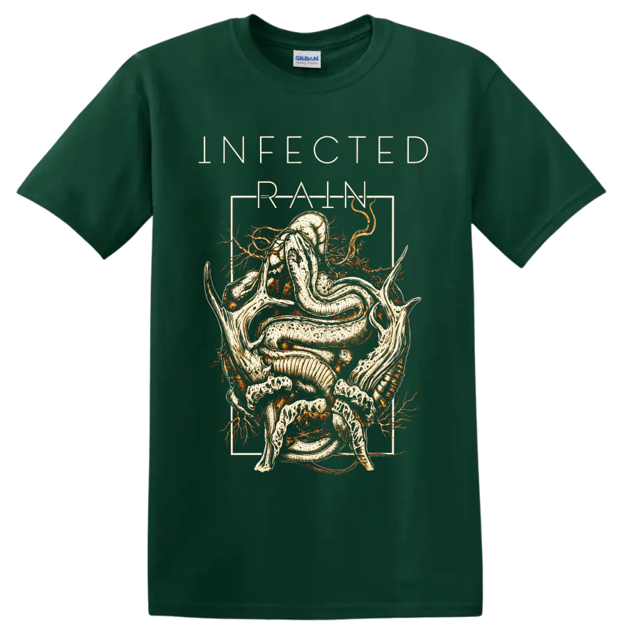 Infected Rain serpent and skeletal figure in distressed gothic line art on a Forest Green T Shirt