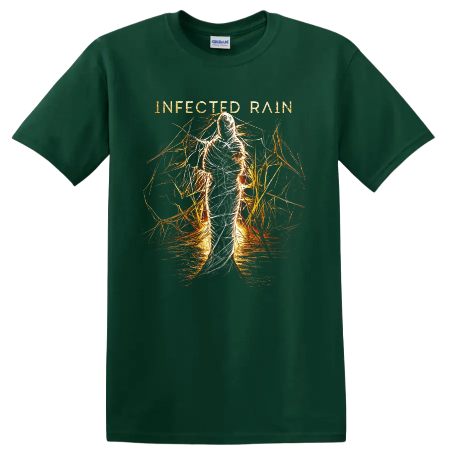 Infected Rain Ecdysis fire figure with white threads and fiery abstract linework on a Forest Green T Shirt
