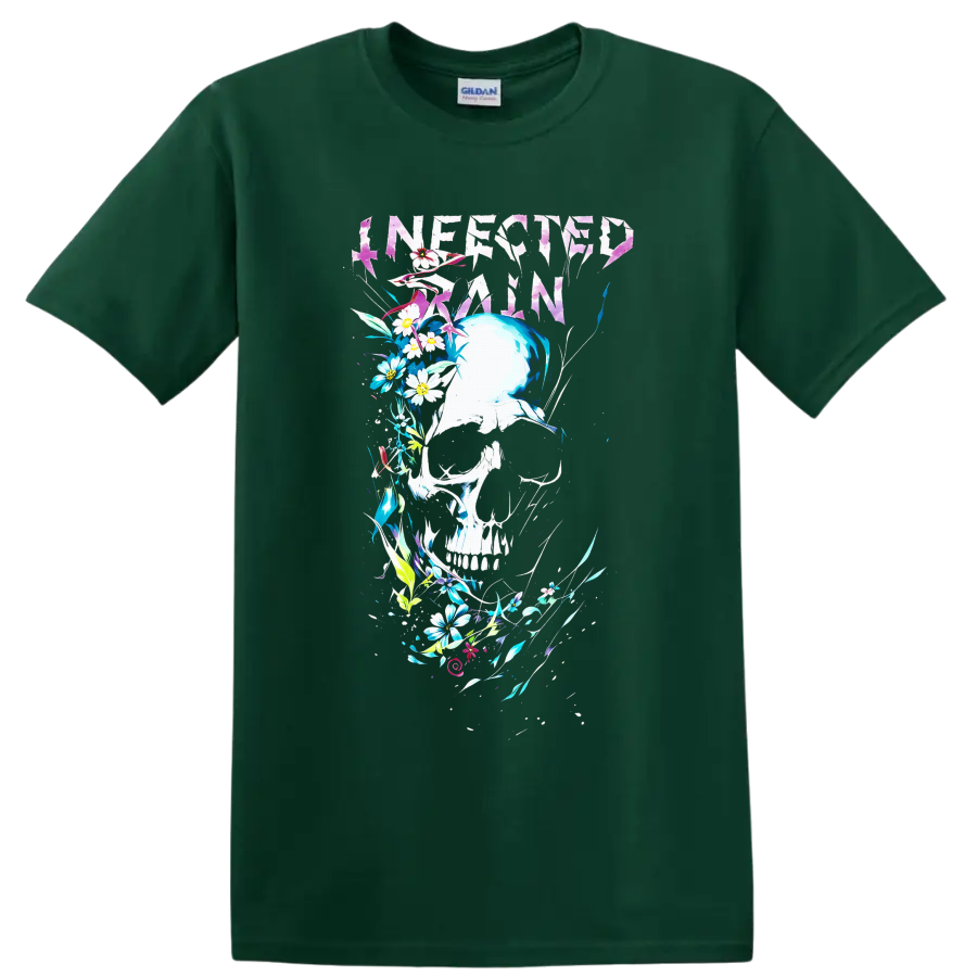 Infected Rain distressed logo above a floral skull with vivid abstract botanical accents on a Forest Green T Shirt
