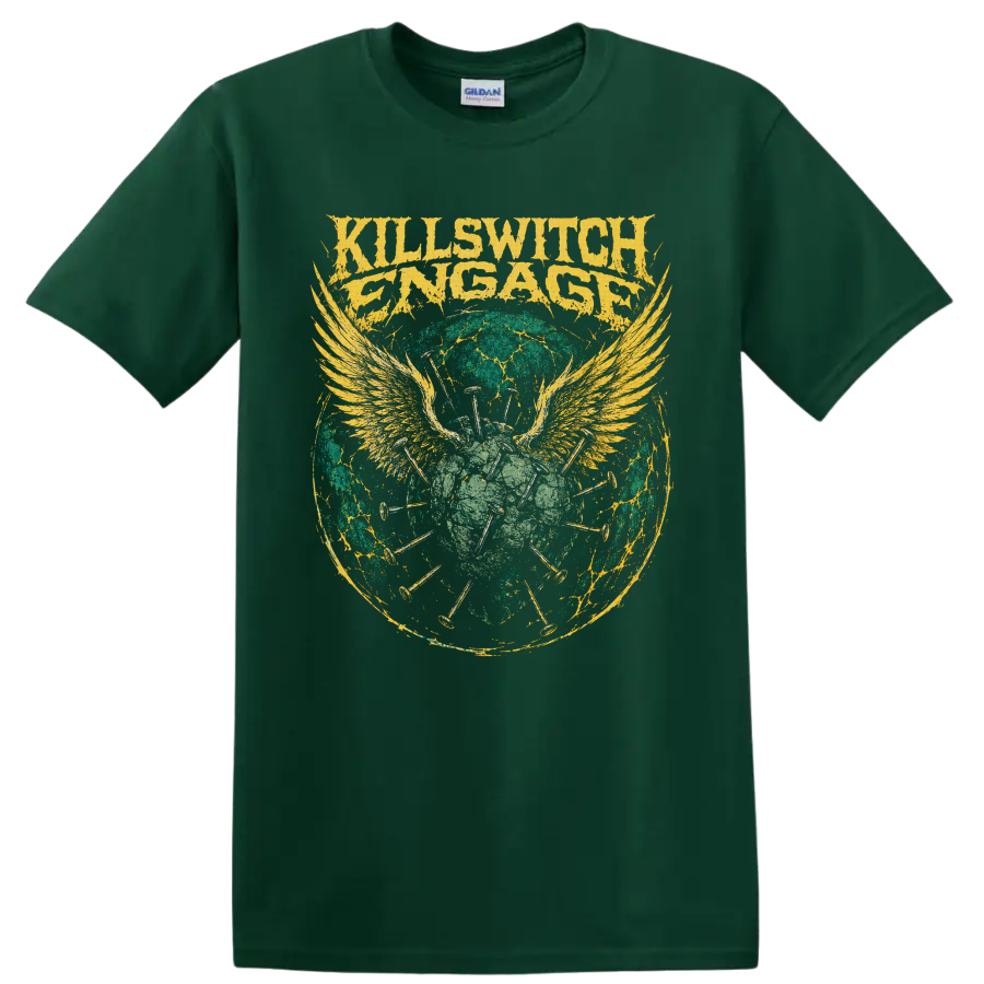 Killswitch Engage distressed logo with winged skull, nails, and cracked circular artwork on a Forest Green T Shirt