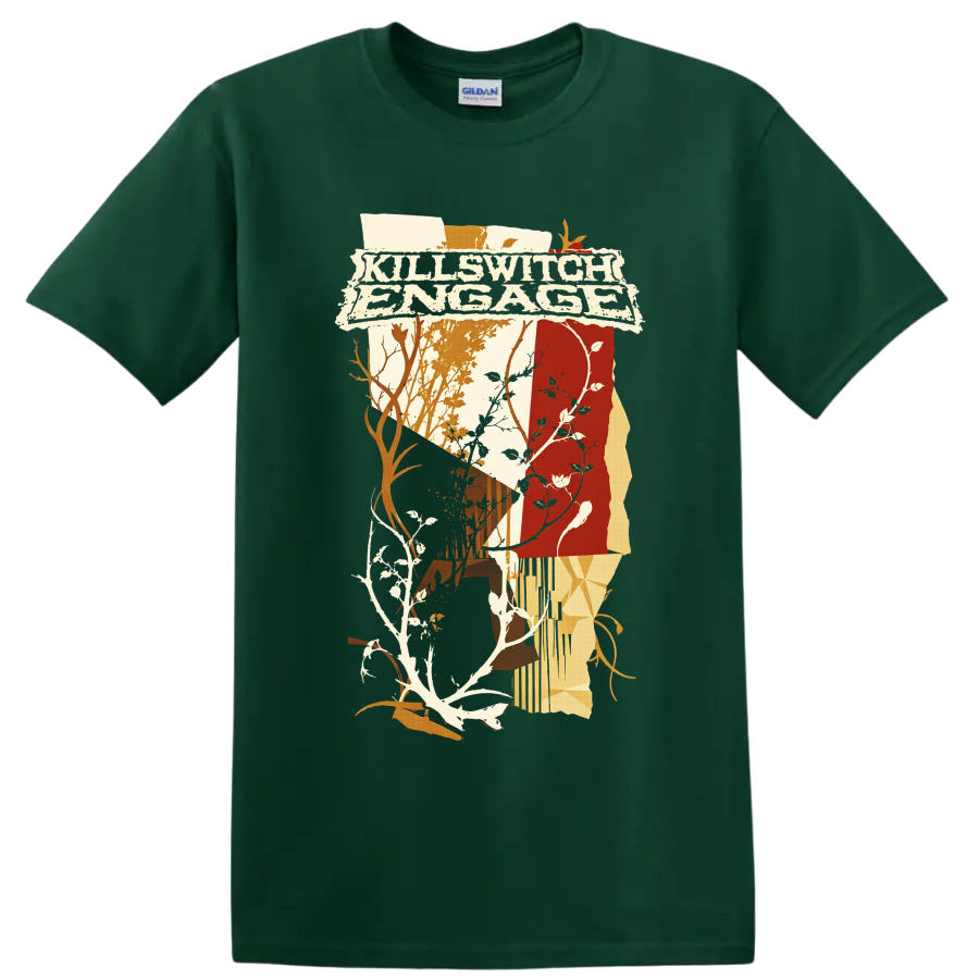 Killswitch Engage distressed logo with abstract woodland branches, vines, and warm on a Forest Green T Shirt