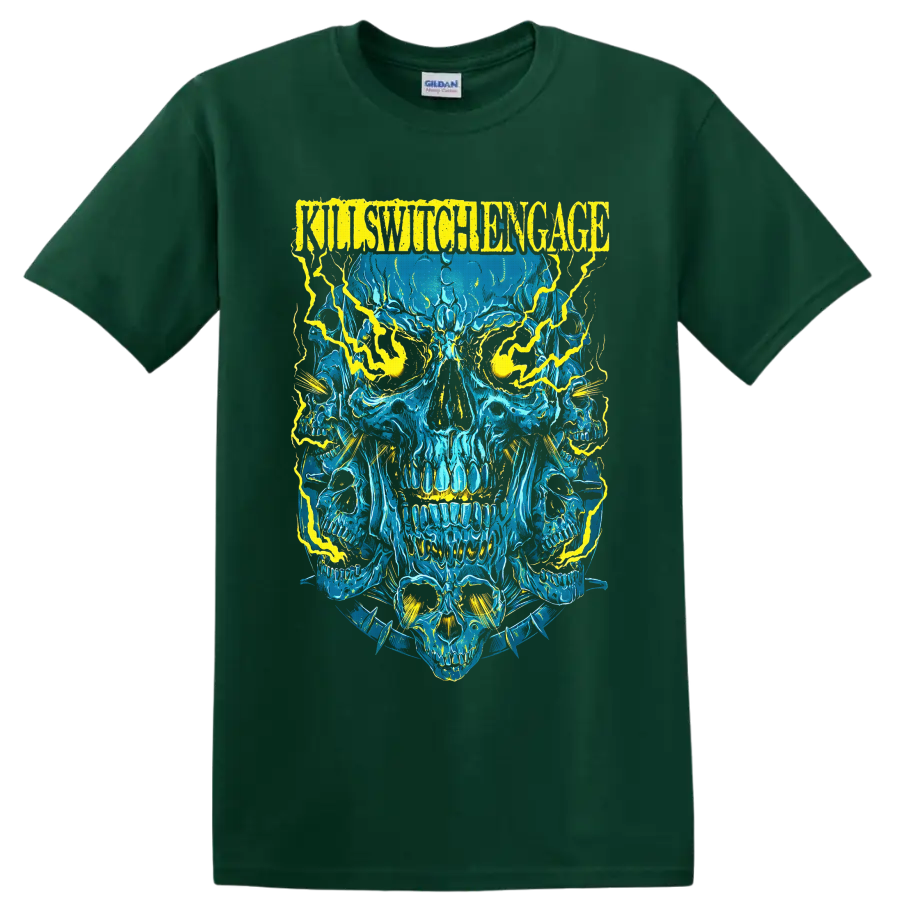 Killswitch Engage distressed logo above electric-blue skulls with yellow lightning on a Forest Green T Shirt
