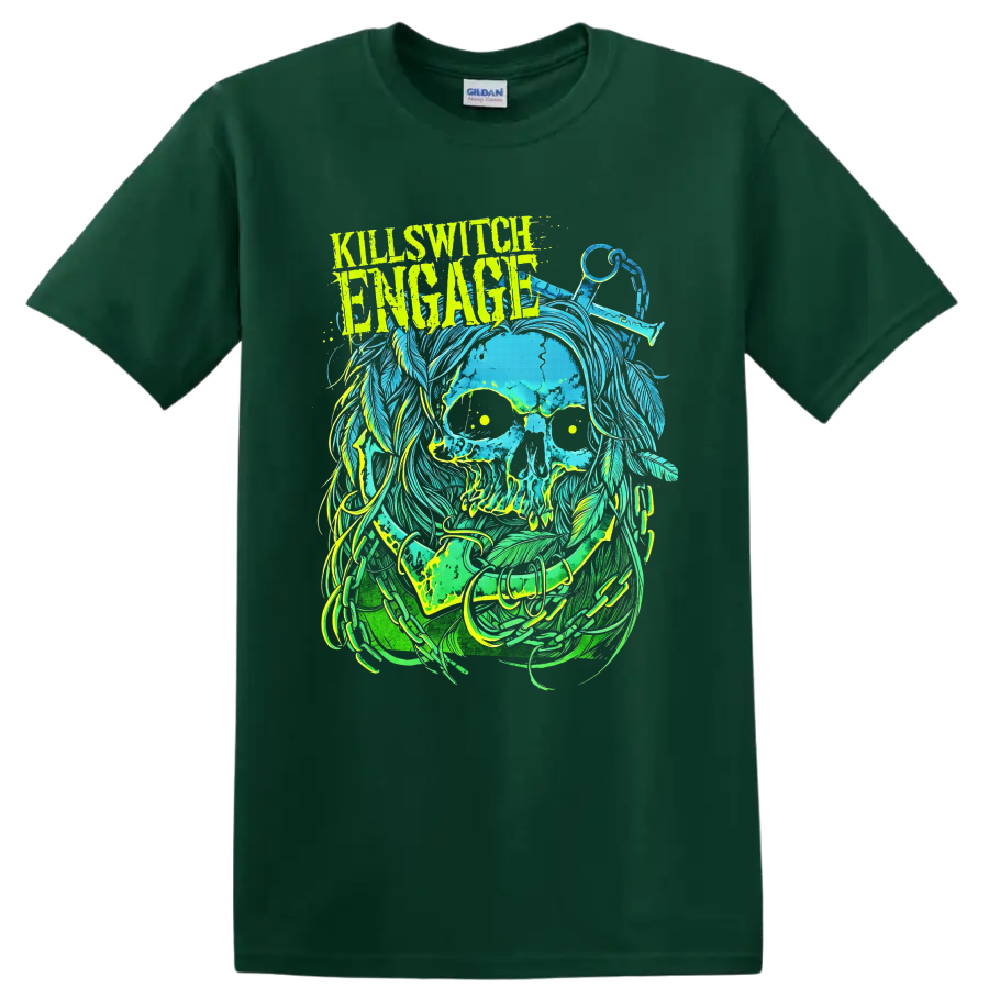 Killswitch Engage distressed skull with flowing hair, scissors, and neon metal artwork on a Forest Green T Shirt