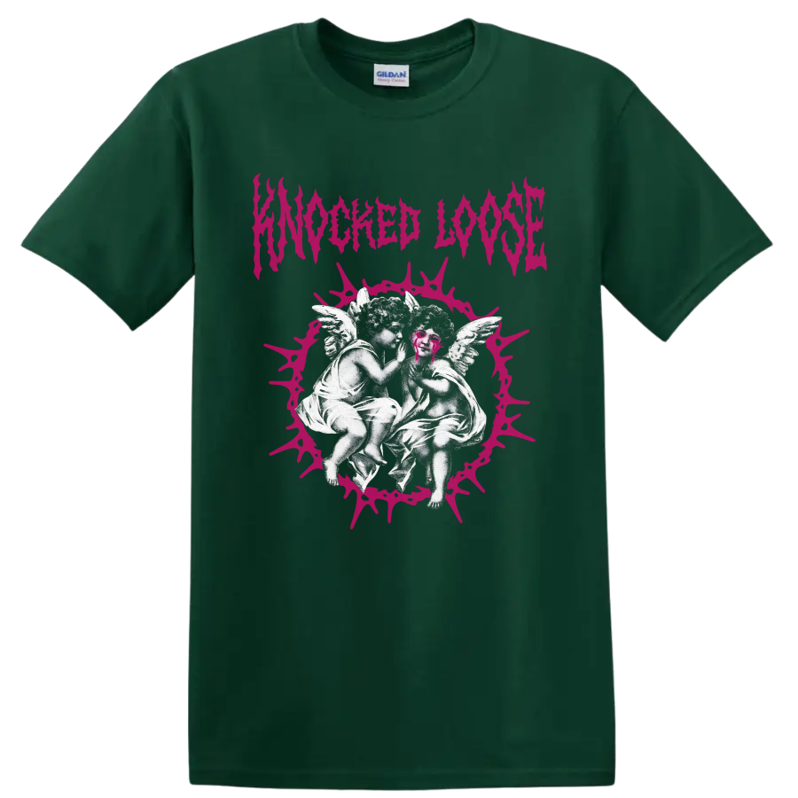Knocked Loose gothic angel artwork with hot-pink thorn halo and jagged wordmark on a Forest Green T Shirt