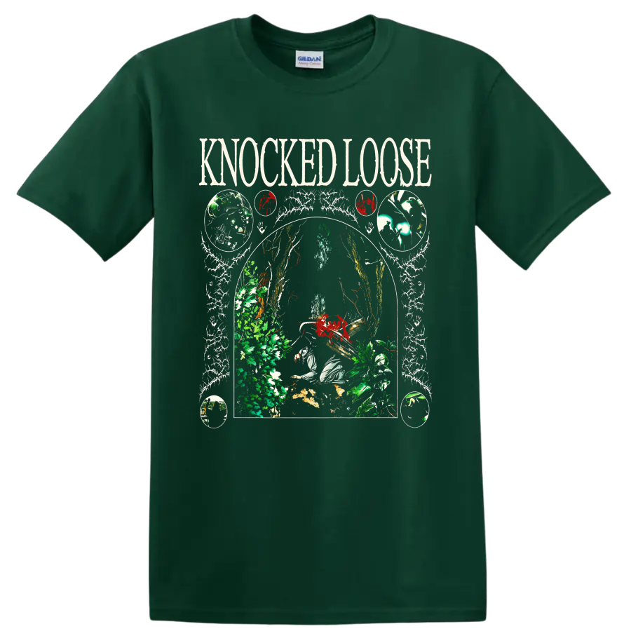Knocked Loose gothic botanical skull and skeletal arch graphic on a Forest Green T Shirt