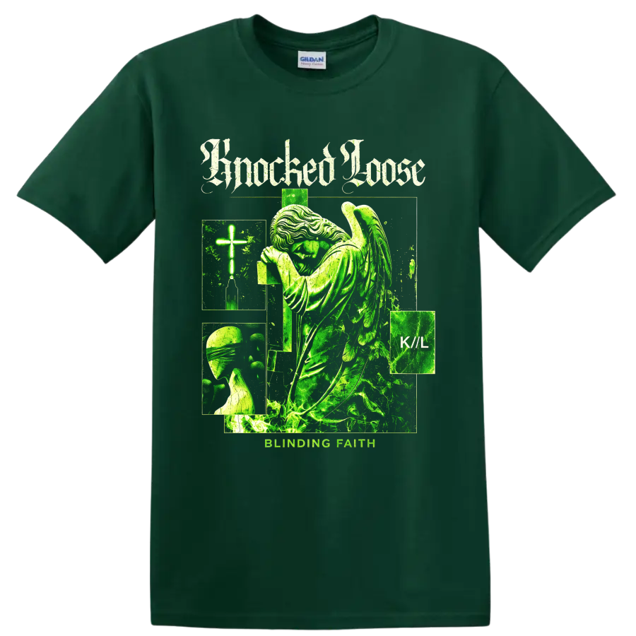 Knocked Loose Blinding Faith gothic collage with winged figure, cross, and K//L text on a Forest Green T Shirt