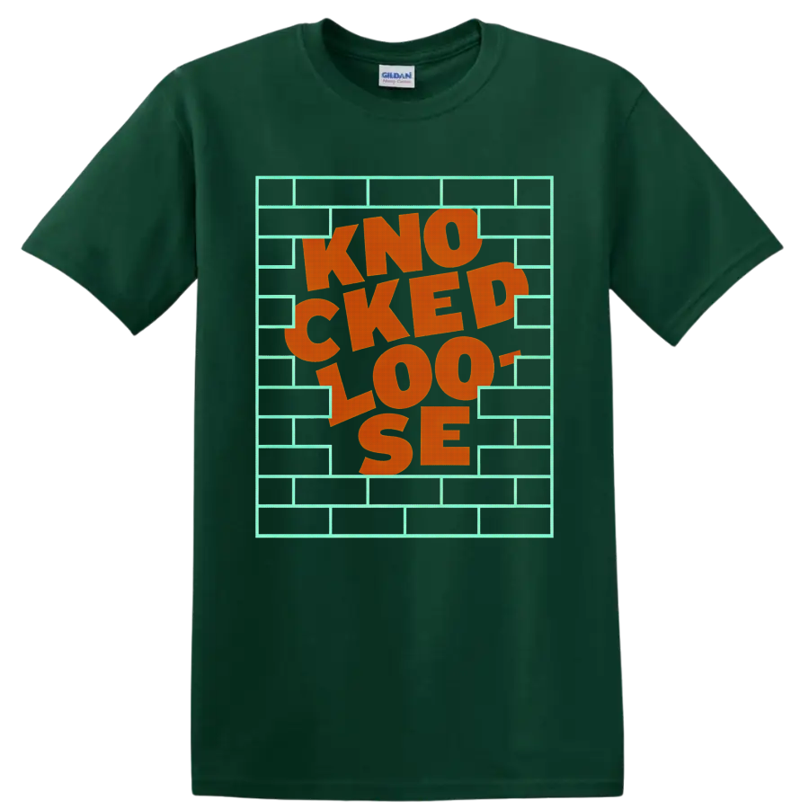 Knocked Loose The Wall orange lettering inside a mint brick wall frame on a Forest Green T Shirt