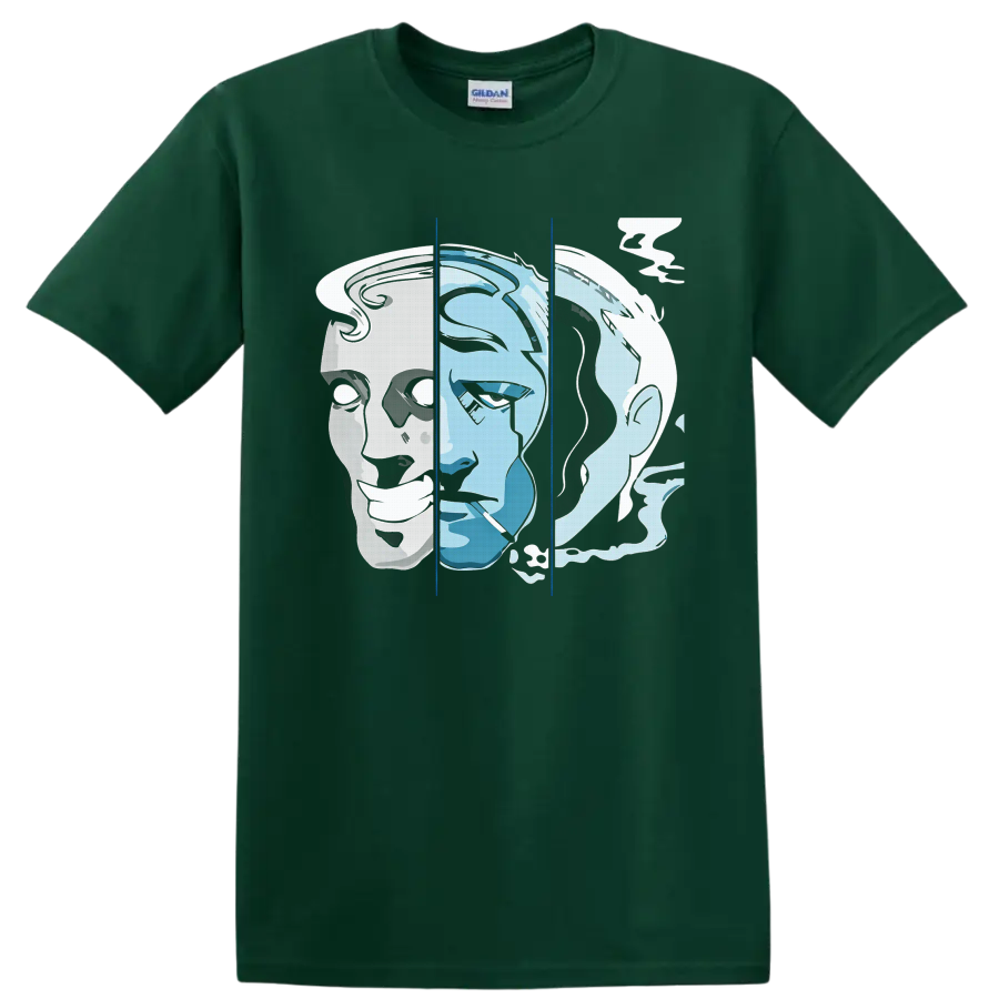 Knocked Loose Laugh Tracks blue and white split-face portrait metalcore graphic on a Forest Green T Shirt