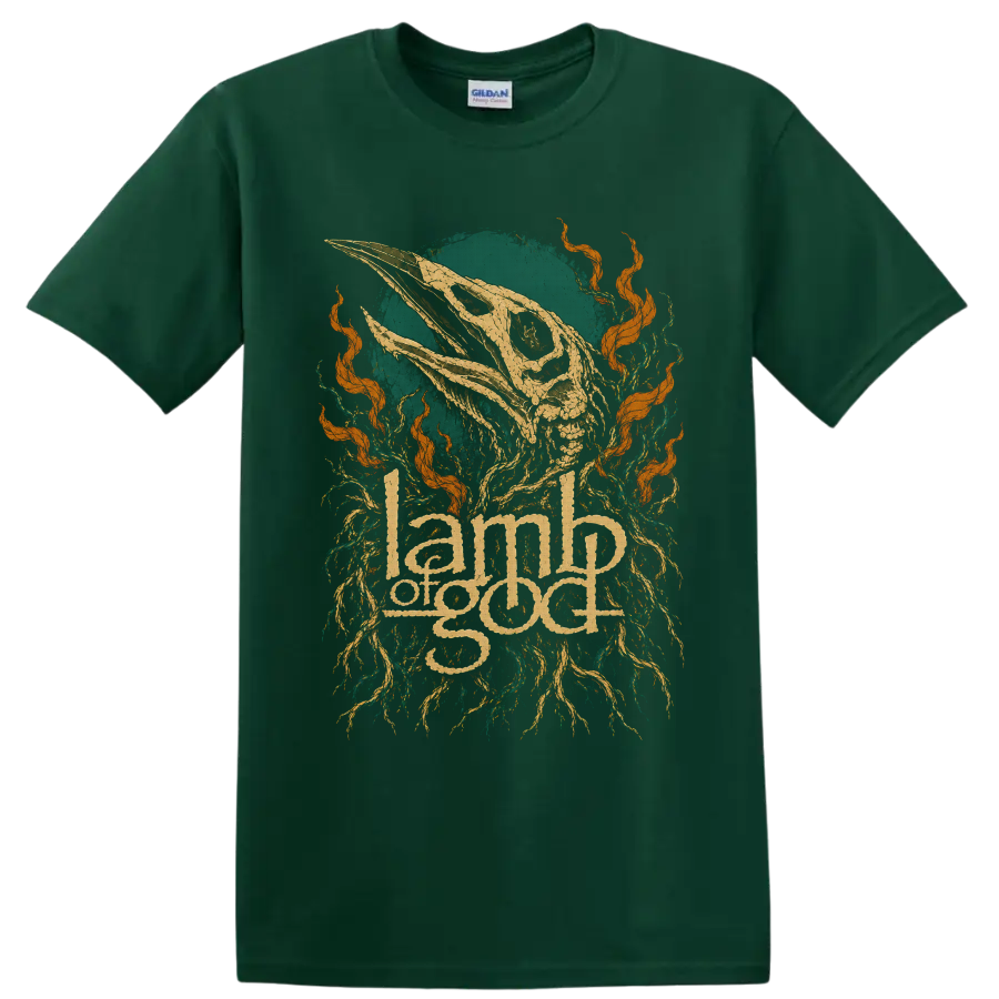 Lamb Of God ornate logo beneath distressed animal skull, roots, and orange flames on a Forest Green T Shirt