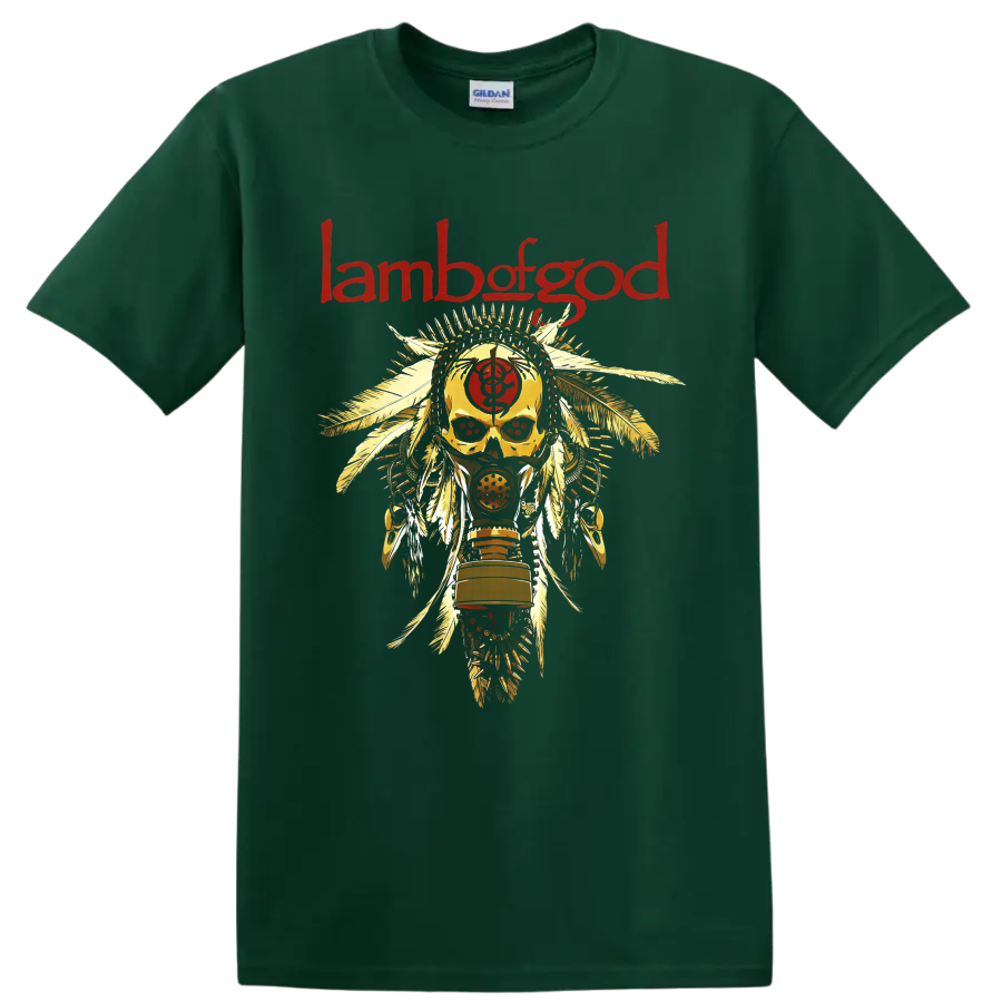 Lamb of God red logo above feathered skull and respirator mask metal artwork on a Forest Green T Shirt