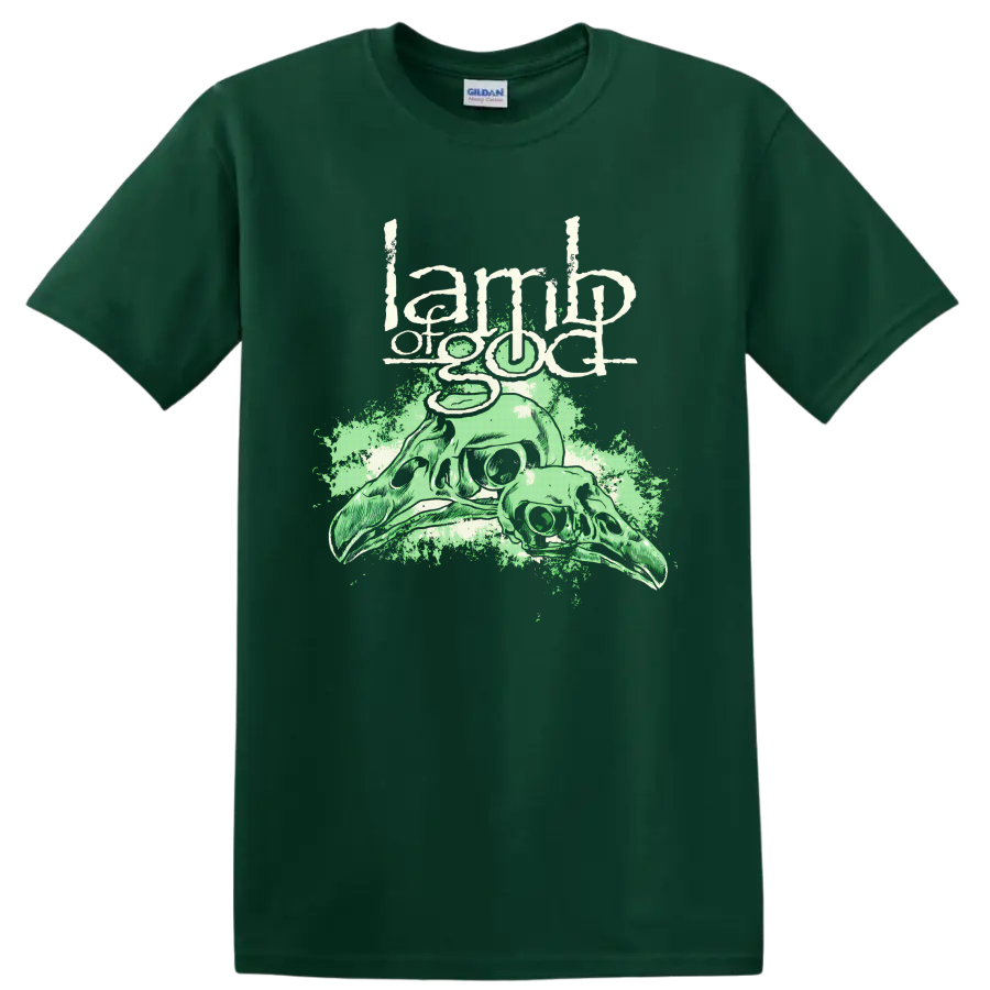 Lamb of God distressed logo above pale green animal skulls and splatter art on a Forest Green T Shirt