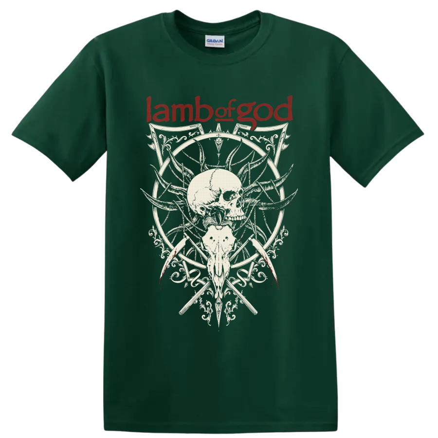 Lamb of God red logo above ornate gothic skull and animal skull artwork on a Forest Green T Shirt