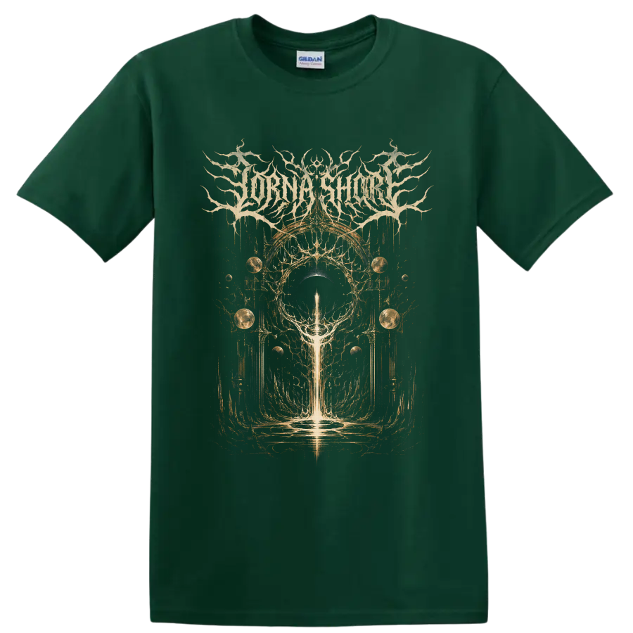 Lorna Shore logo above gothic cosmic eclipse, planets, arches, and luminous beam artwork on a Forest Green T Shirt