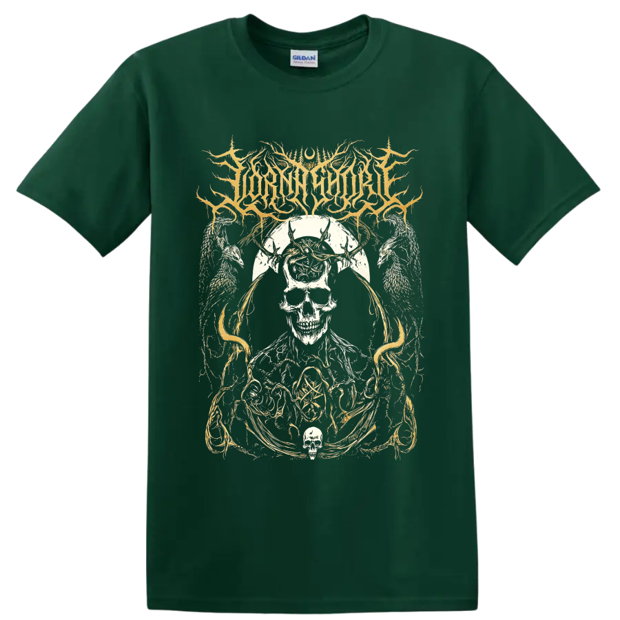 Lorna Shore skull, horned figure, angel wings, and ornate gothic linework on a Forest Green T Shirt
