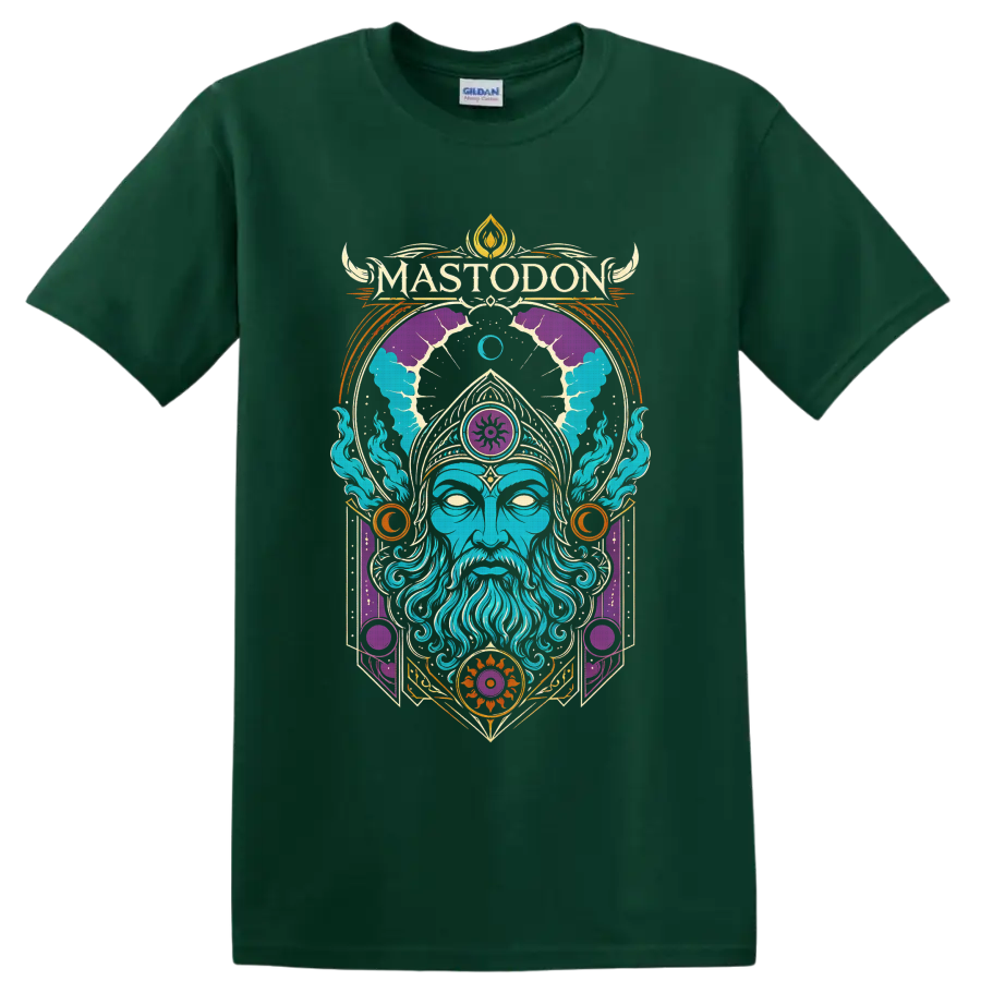 Mastodon logo above a blue wizard with psychedelic celestial and ornamental art on a Forest Green T Shirt
