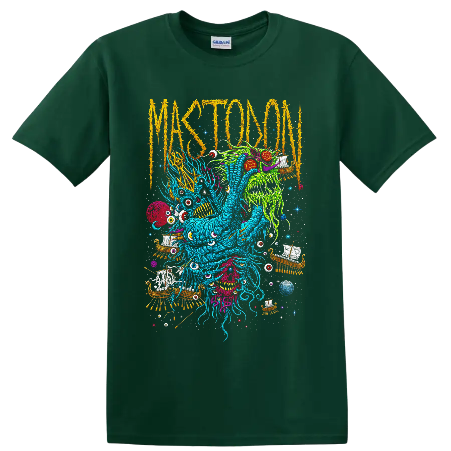 Mastodon thorn-lettered psychedelic monster with Viking ships, eyes, and cosmic details on a Forest Green T Shirt