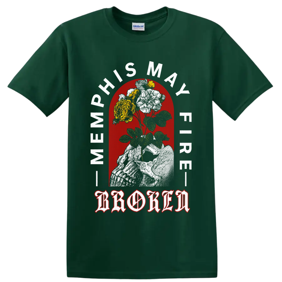 Memphis May Fire gothic statue holding roses with red arch and ornate lettering on a Forest Green T Shirt