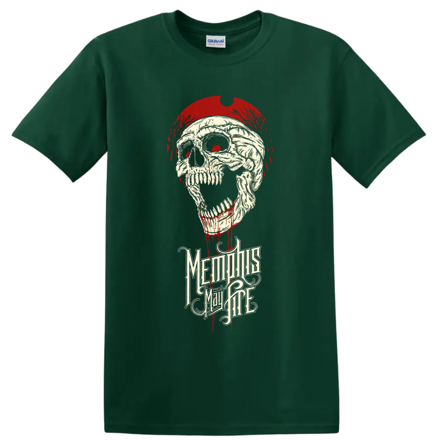 Memphis May Fire gothic skull with red paint drips and ornate band lettering on a Forest Green T Shirt
