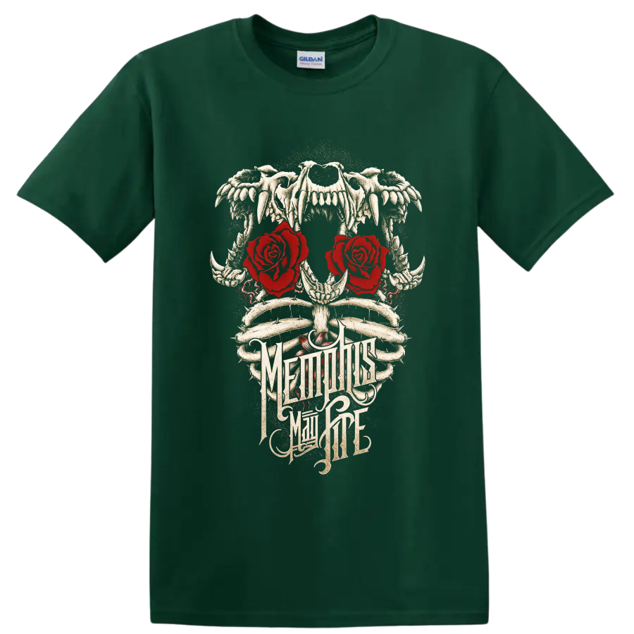 Memphis May Fire gothic skull, bones, red roses, and ornate logo artwork on a Forest Green T Shirt