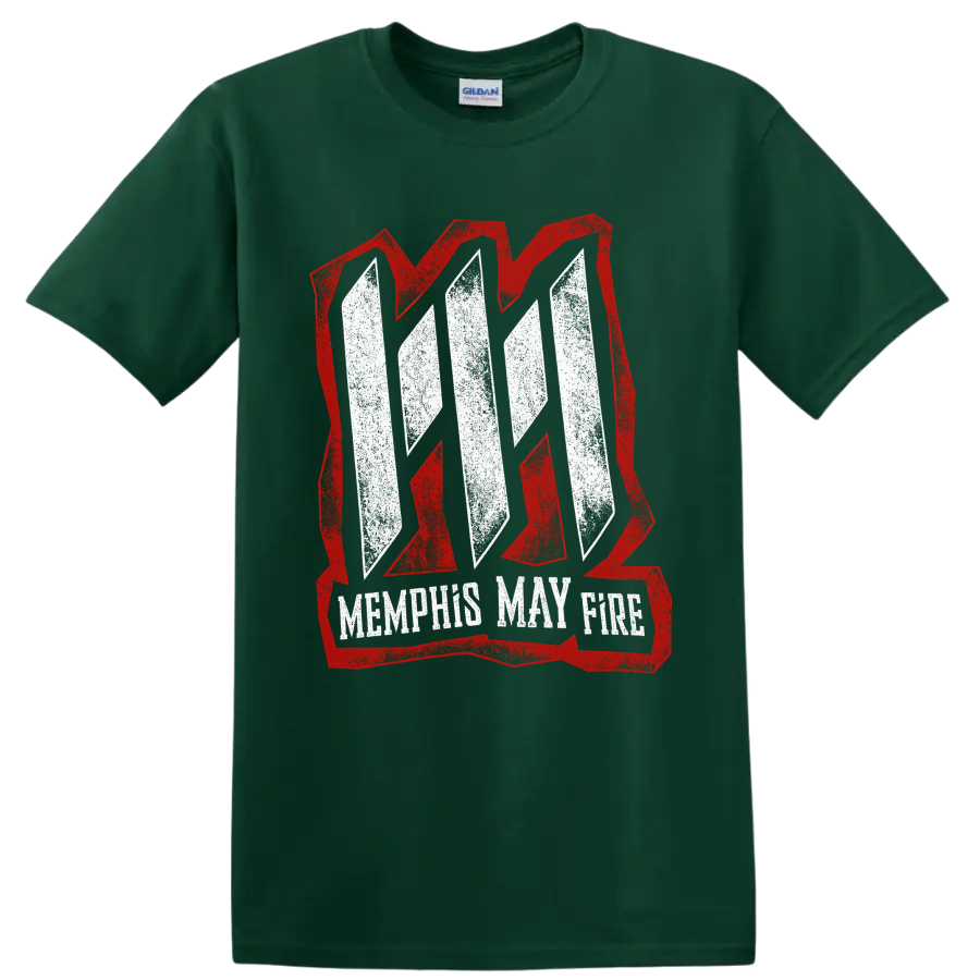 Memphis May Fire distressed white logo inside a bold red angular emblem on a Forest Green T Shirt