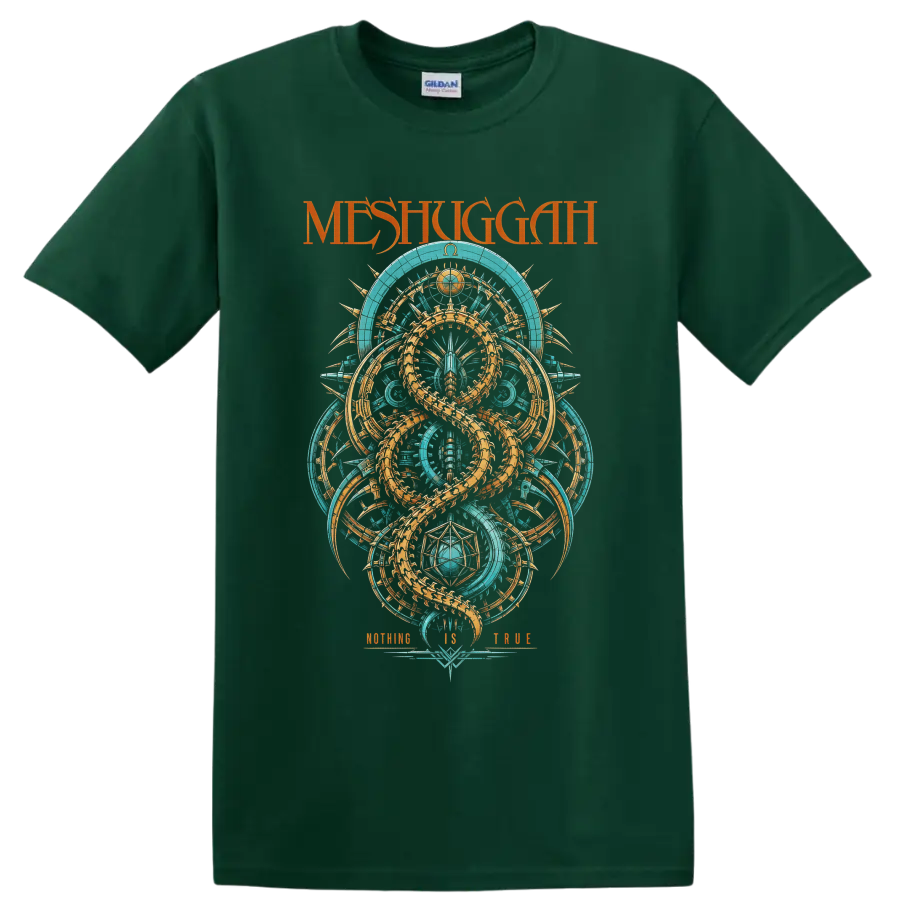 Meshuggah Koloss-inspired turquoise and orange serpent geometry with Nothing Is True text on a Forest Green T Shirt