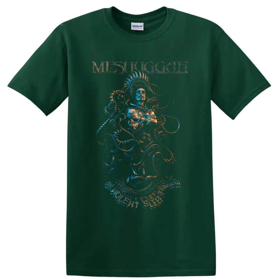 Meshuggah surreal masked figure with spiked halo and blue-orange mechanical tendrils on a Forest Green T Shirt