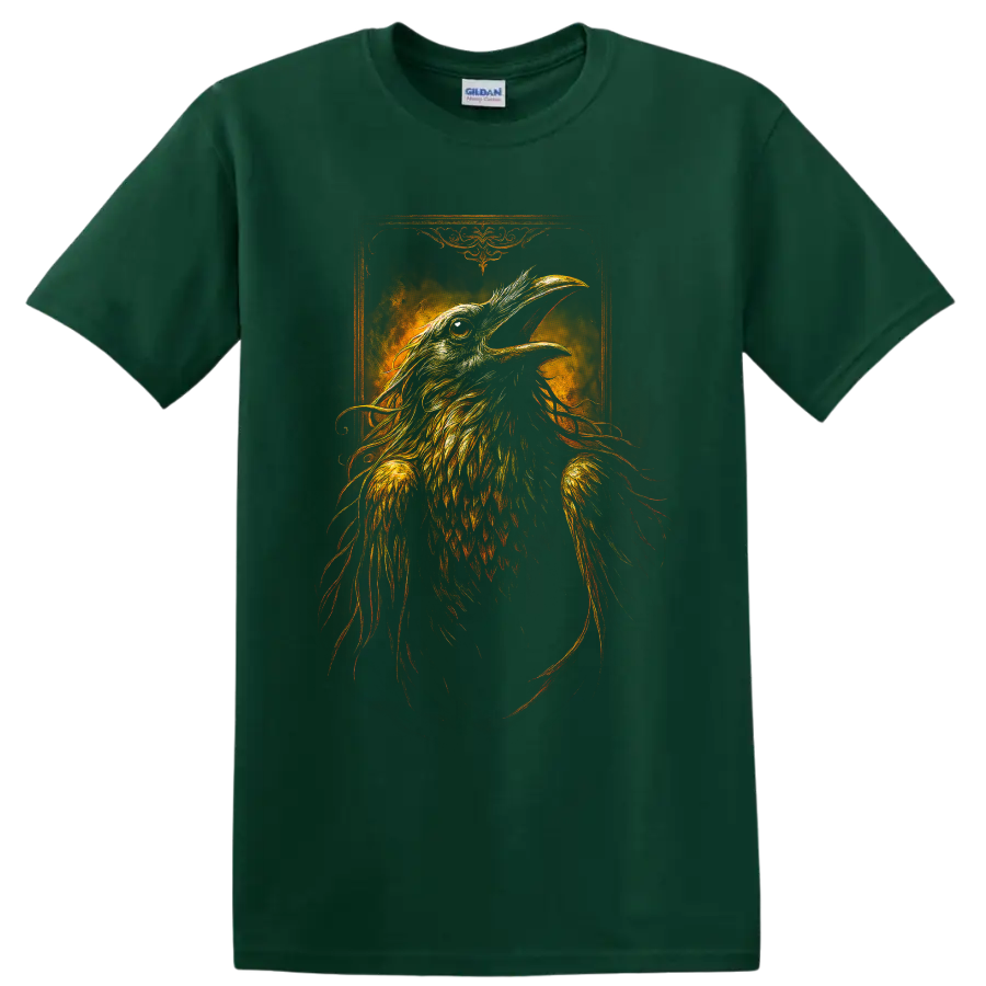Detailed gothic raven illustration with fiery feathers and ornate vintage frame on a Forest Green T Shirt
