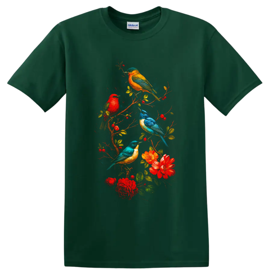 Vibrant songbirds on flowering berry branches in a colorful botanical illustration on a Forest Green T Shirt