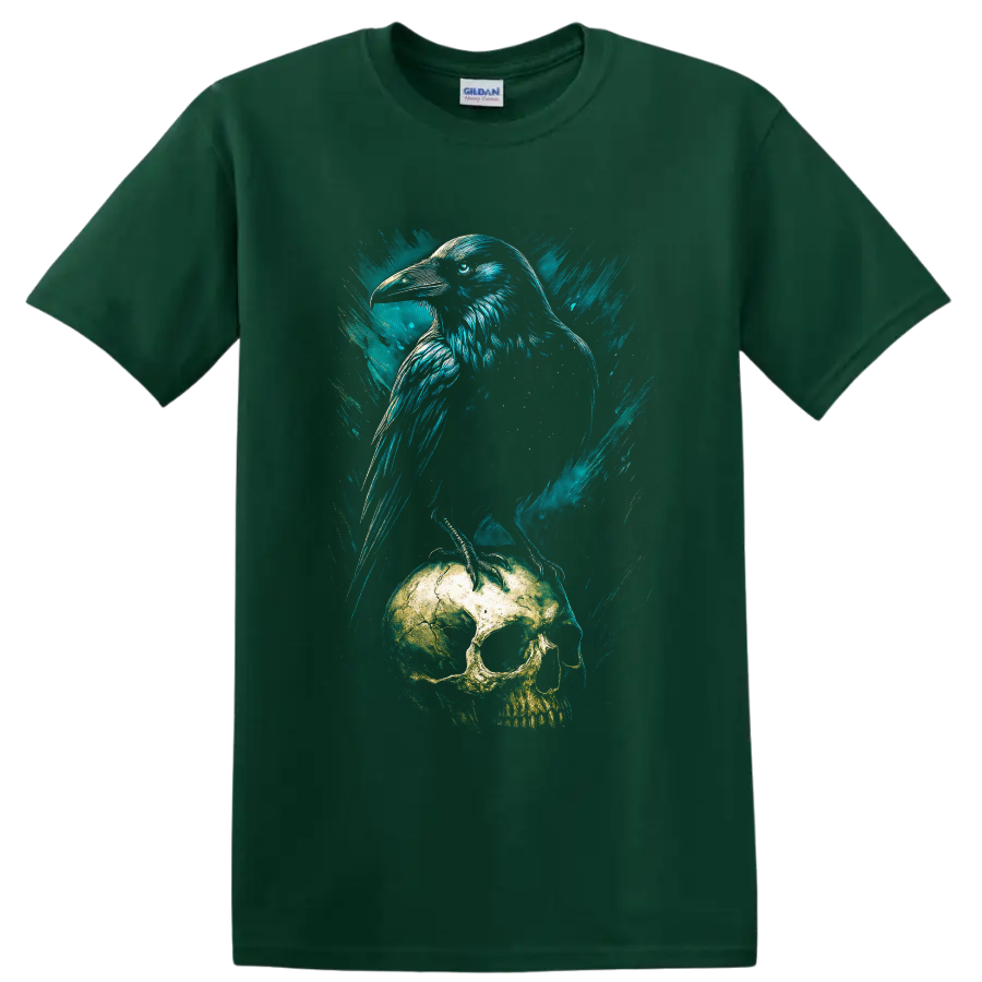 Teal grunge raven perched on a weathered skull gothic bird illustration on a Forest Green T Shirt
