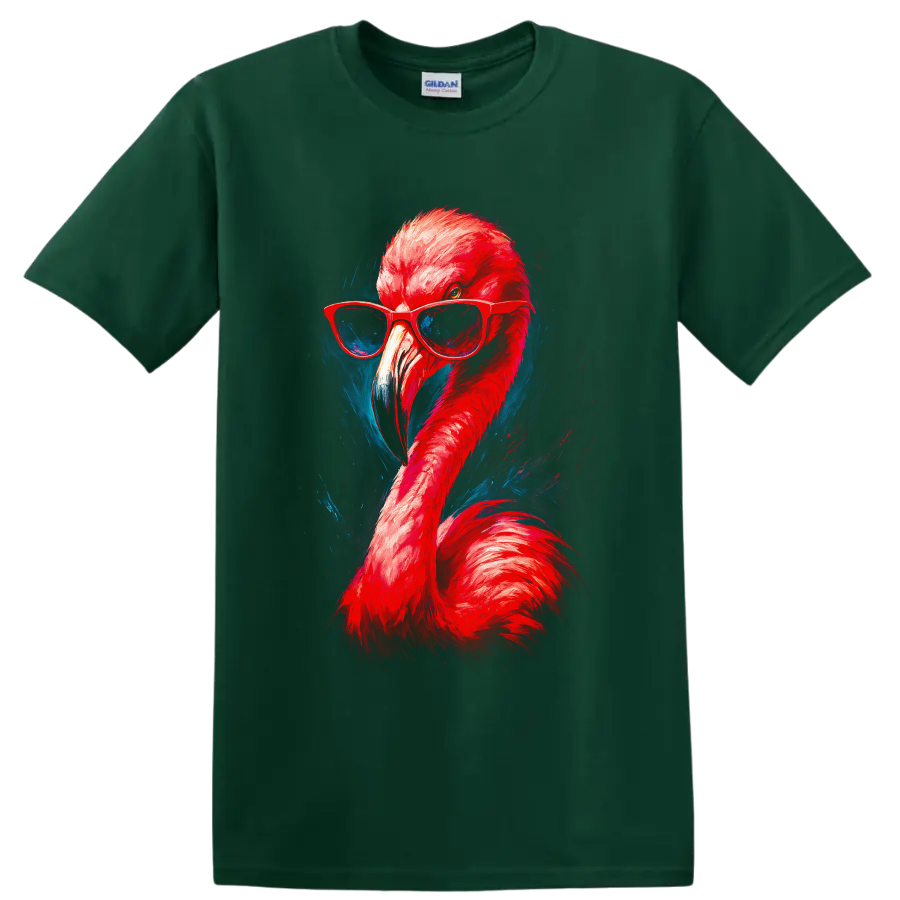 Stylish flamingo in red sunglasses with vivid neon painterly blue accents on a Forest Green T Shirt