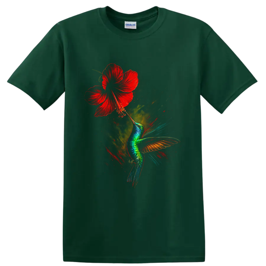 Vibrant hummingbird reaching toward a red hibiscus in dramatic painterly wildlife art on a Forest Green T Shirt