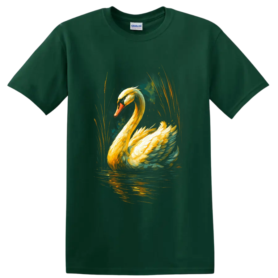 Dramatic painterly mute swan with golden feathers, reeds, and reflective water on a Forest Green T Shirt