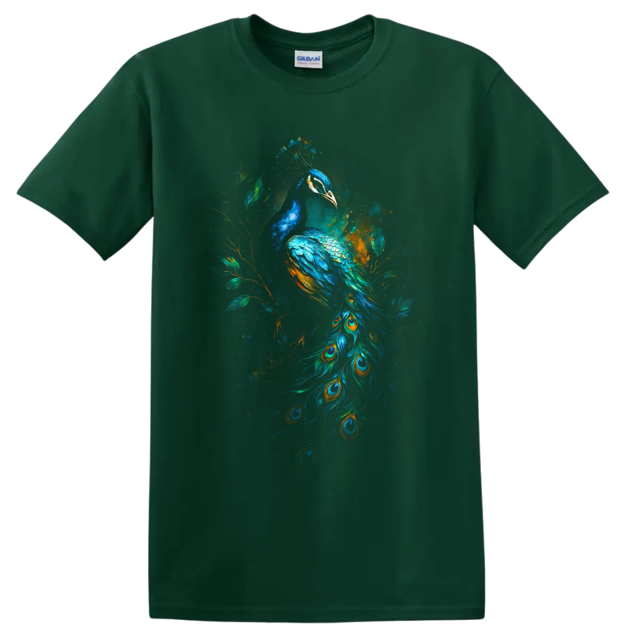 Modernist peacock illustration with vivid blue plumage, eye-feather tail, and leafy on a Forest Green T Shirt