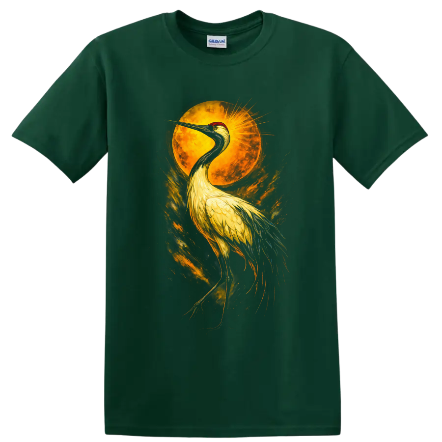 Sandhill crane beneath a golden sun in dramatic painterly wildlife art on a Forest Green T Shirt
